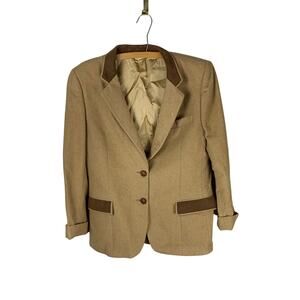 Tailored Tan Tweed Blazer with Contrasting Brown Velvet Trim